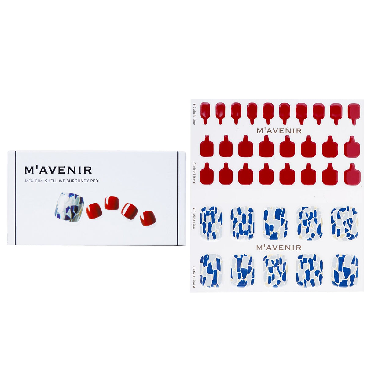 Mavenir Shell We Burgundy Pedi nail stickers, 36pcs, featuring salon-quality designs that fit all nail shapes.