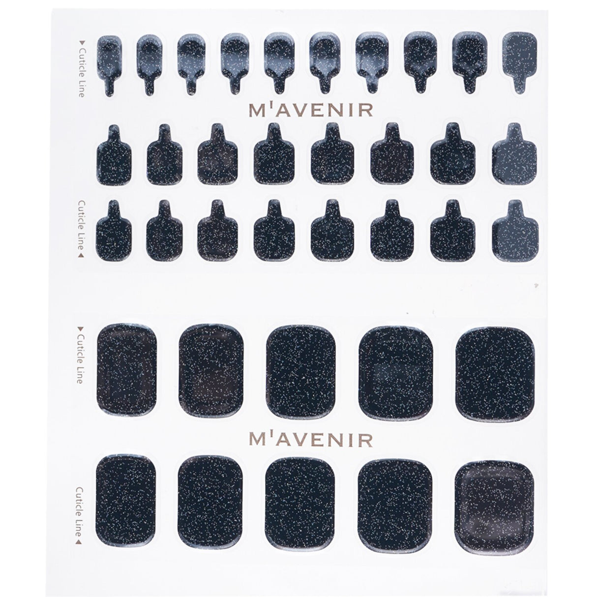 Black nail stickers from Mavenir's The Milky Way Pedi, featuring 36 salon-quality designs for stunning, easy nail art.