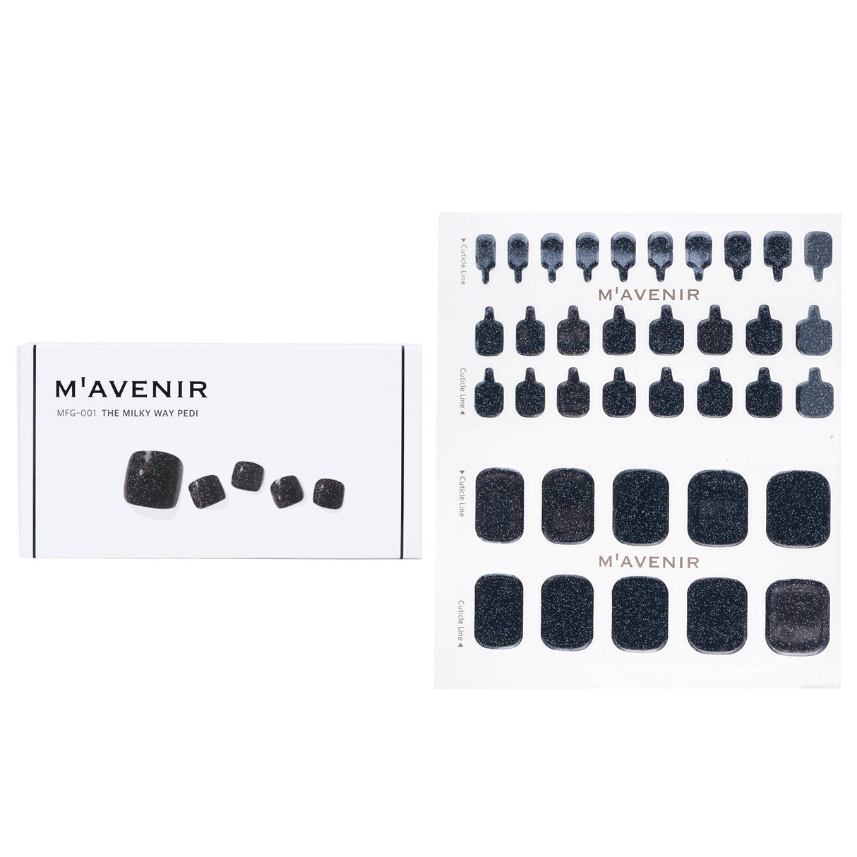 Black nail stickers from Mavenir's The Milky Way Pedi, 36pcs, featuring salon-quality designs and radiant gel finish.