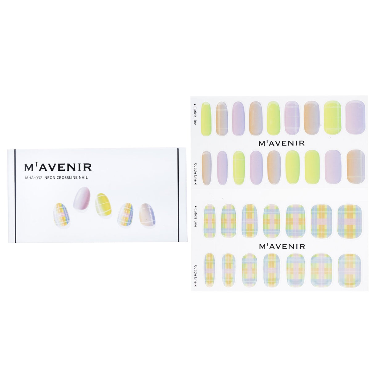 Vibrant Neon Crossline Nail Stickers from Mavenir, featuring 32 pieces for salon-quality nail art at home.