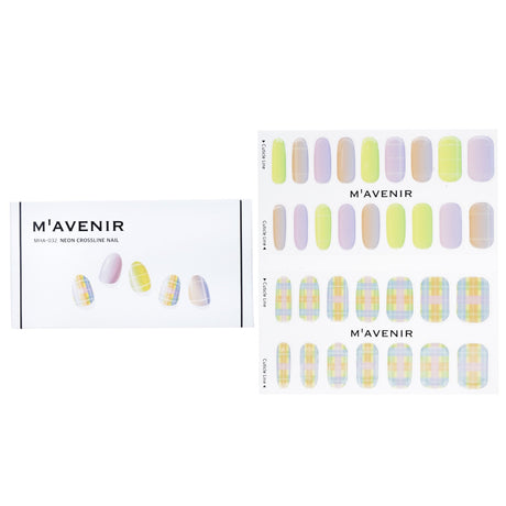 Vibrant Neon Crossline Nail Stickers from Mavenir, featuring 32 pieces for salon-quality nail art at home.