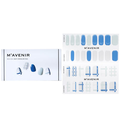 Navy Crossline Nail Stickers by Mavenir offer 32 salon-quality designs, featuring durable gel and fit for all nail sizes.