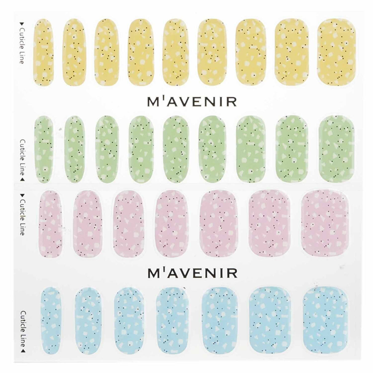 Pastel cereal nail stickers by Mavenir, 32 vibrant designs for easy, salon-quality manicures at home. Safe and animal-friendly.