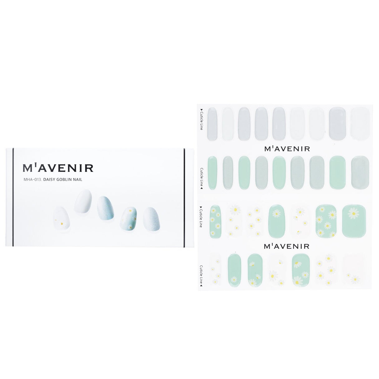 Mavenir blue nail stickers featuring 32 vibrant designs, made with liquid gel for stunning, easy application.