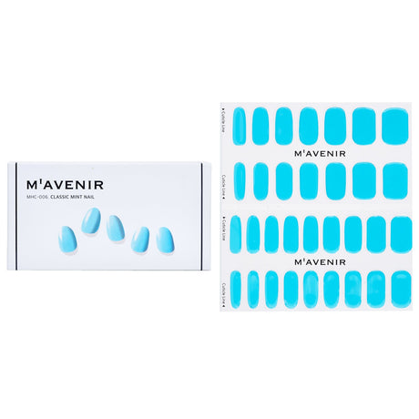 Classic Mint nail stickers in blue; 32 salon-quality designs made with liquid gel for easy application and radiant shine.