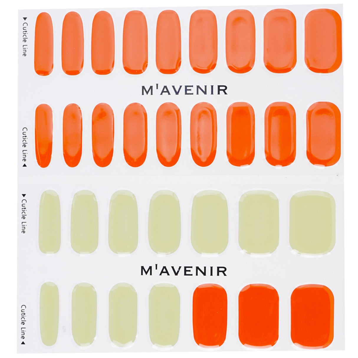 Vibrant orange Mavenir nail stickers for autumn-themed designs, featuring 32 high-quality, animal-friendly gel stickers.