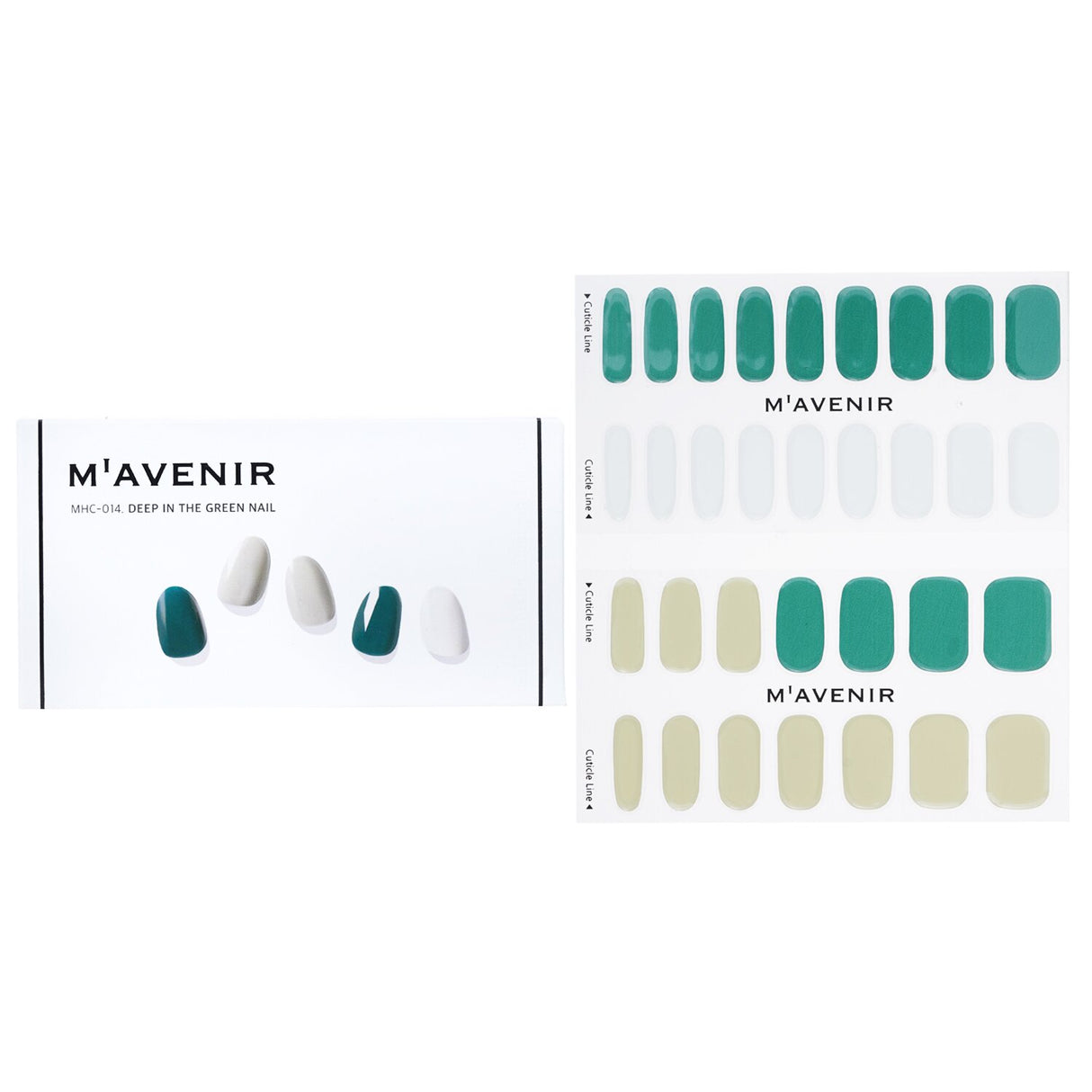 Mavenir Deep In The Green Nail Stickers set of 32, featuring radiant liquid gel designs for chic, professional-looking nails.