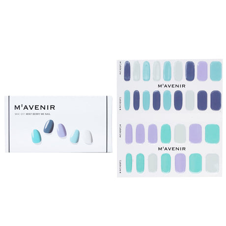 Blue nail stickers from Mavenir featuring the Mint Berry design; 32 salon-quality pieces for easy, stylish nail art at home.