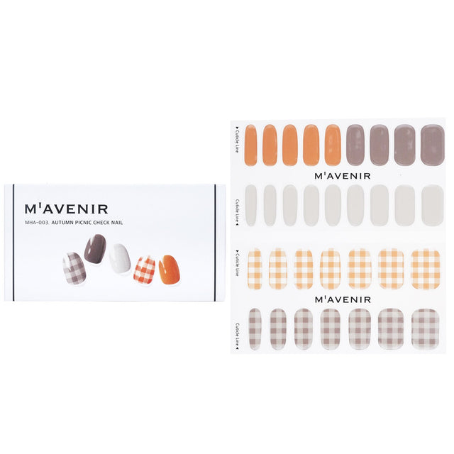 Autumn Picnic Check nail stickers by Mavenir, featuring 32 premium gel designs for easy, eye-catching nail art at home.