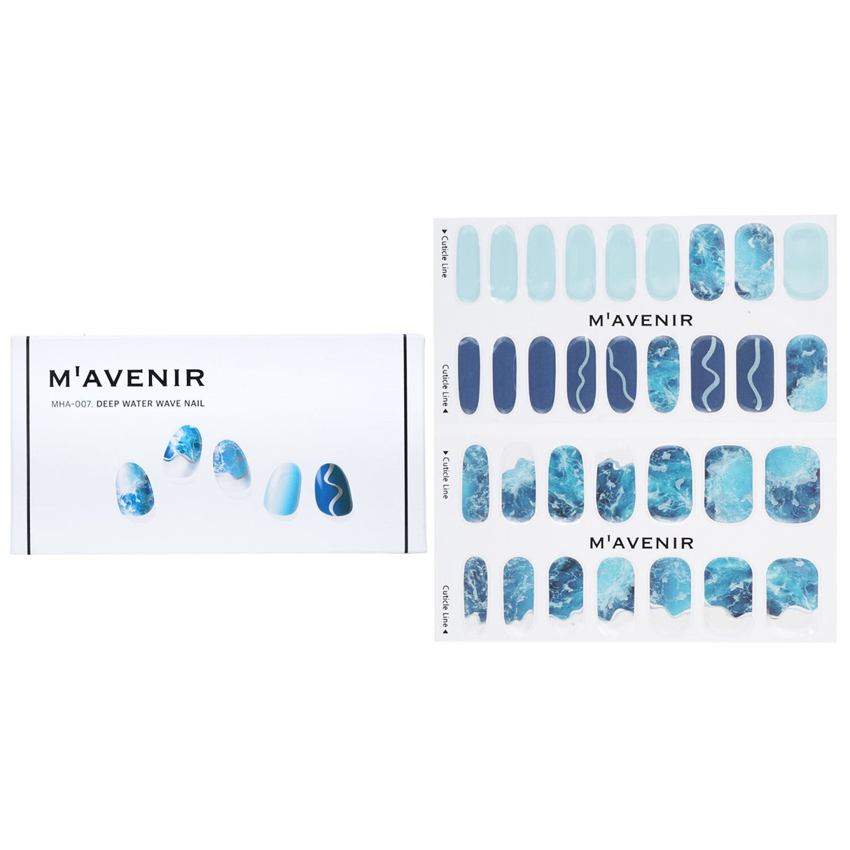 Mavenir Blue Nail Stickers featuring deep water wave design, 32pcs, easy to apply with salon-quality finish, animal-friendly.