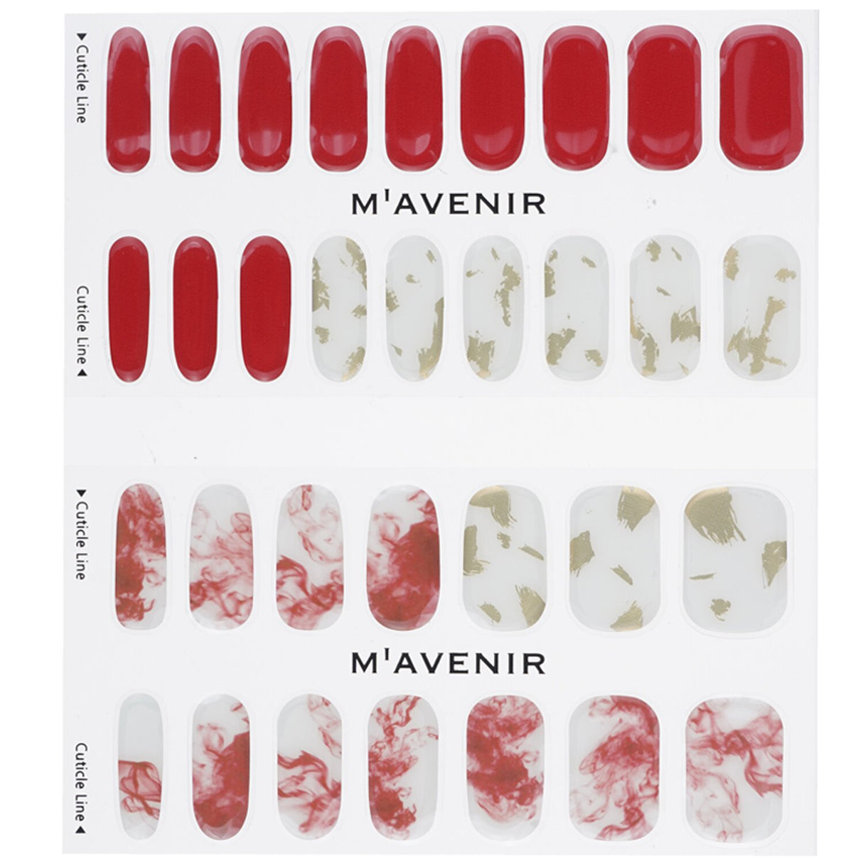 Red Mavenir Nail Sticker set featuring 32 pieces, offering salon-quality designs for vibrant and stylish nail art at home.