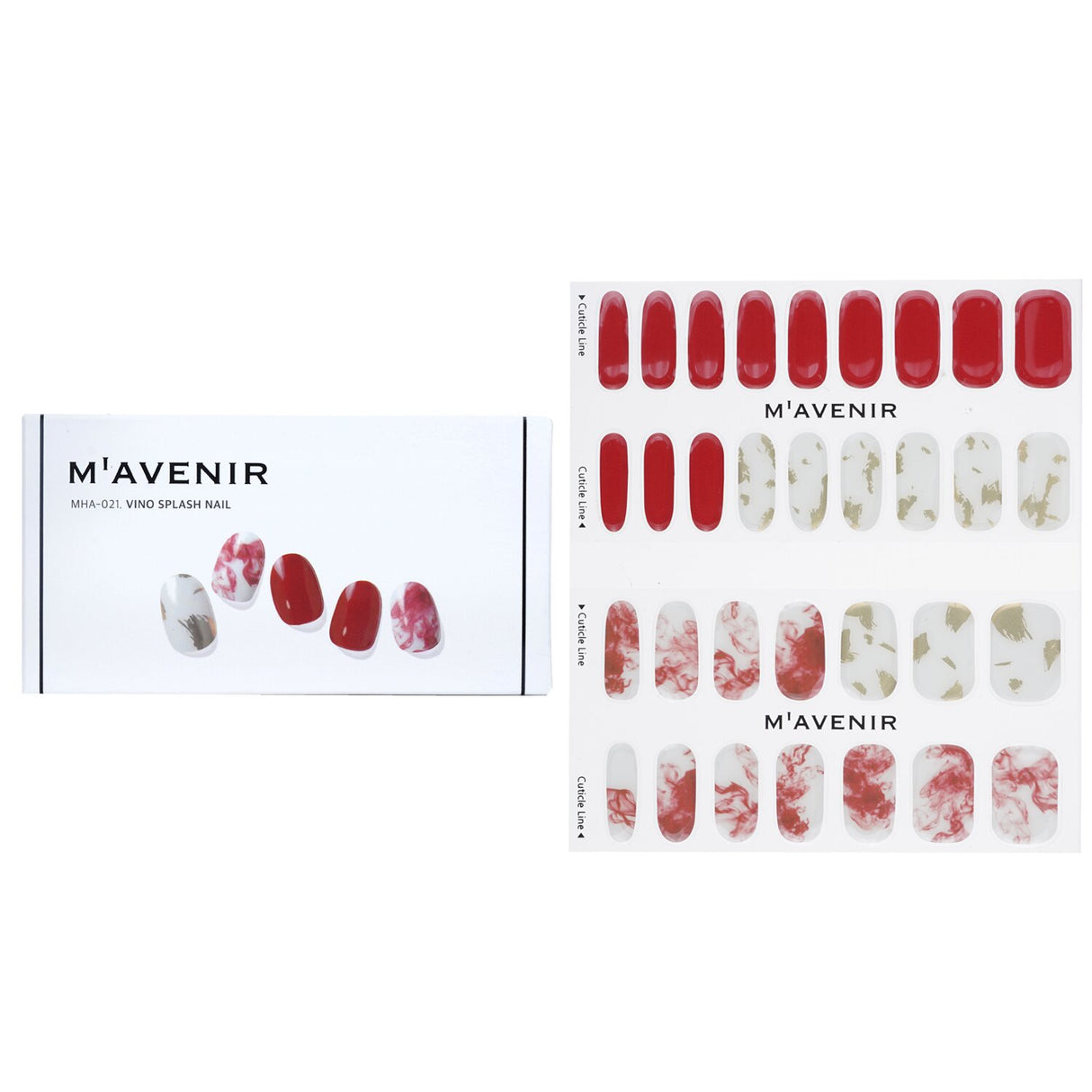 Red Mavenir Nail Sticker set featuring 32 salon-quality designs, crafted from premium liquid gel for radiant, perfect nails.