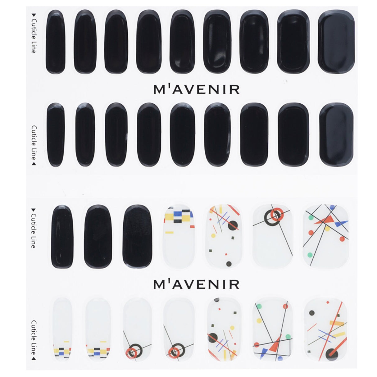 Black Mavenir nail stickers featuring Kandinsky segment design, 32 pieces, for stylish and easy DIY manicures.