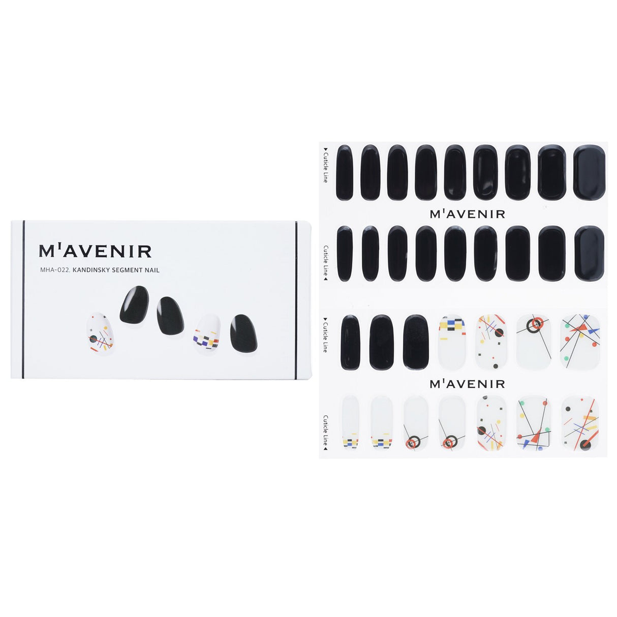 Mavenir Black Nail Stickers featuring Kandinsky design, 32 salon-quality, easy-apply stickers for stunning manicures.