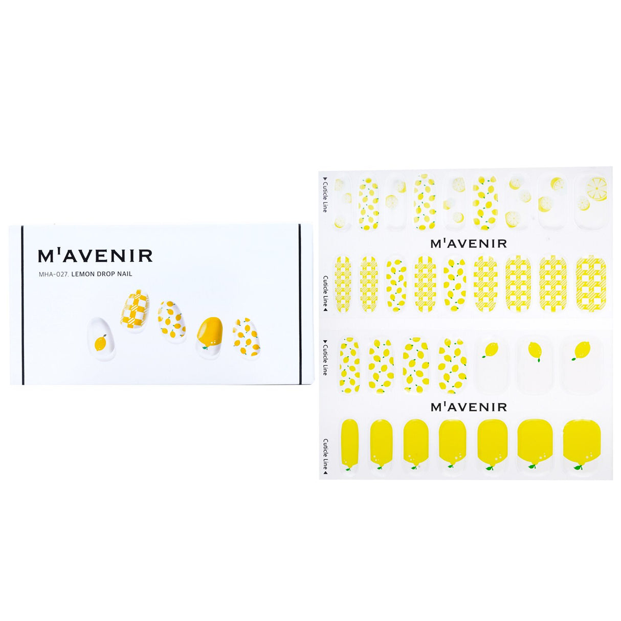 Vibrant yellow nail stickers with lemon drop design, featuring 32 pieces for effortless, salon-quality nail art at home.