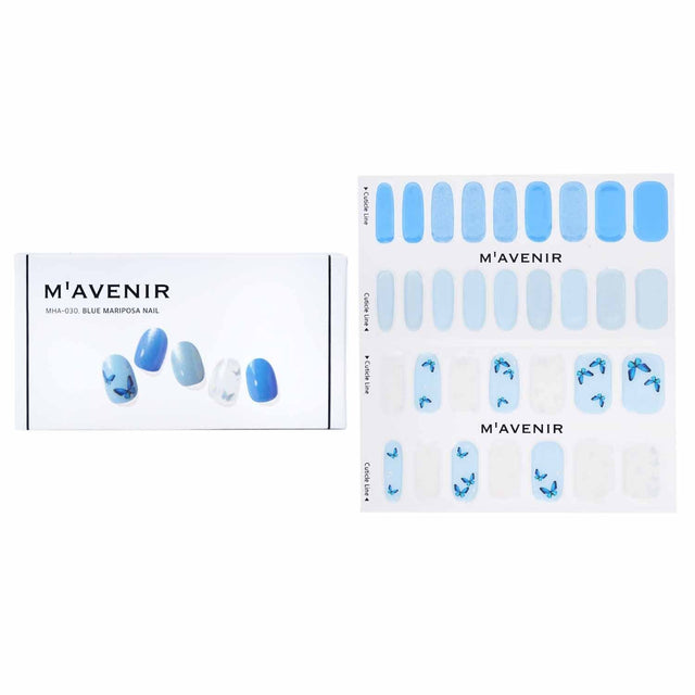 Blue Mariposa nail sticker set featuring 32 salon-quality designs made with real liquid gel for a stunning at-home manicure.