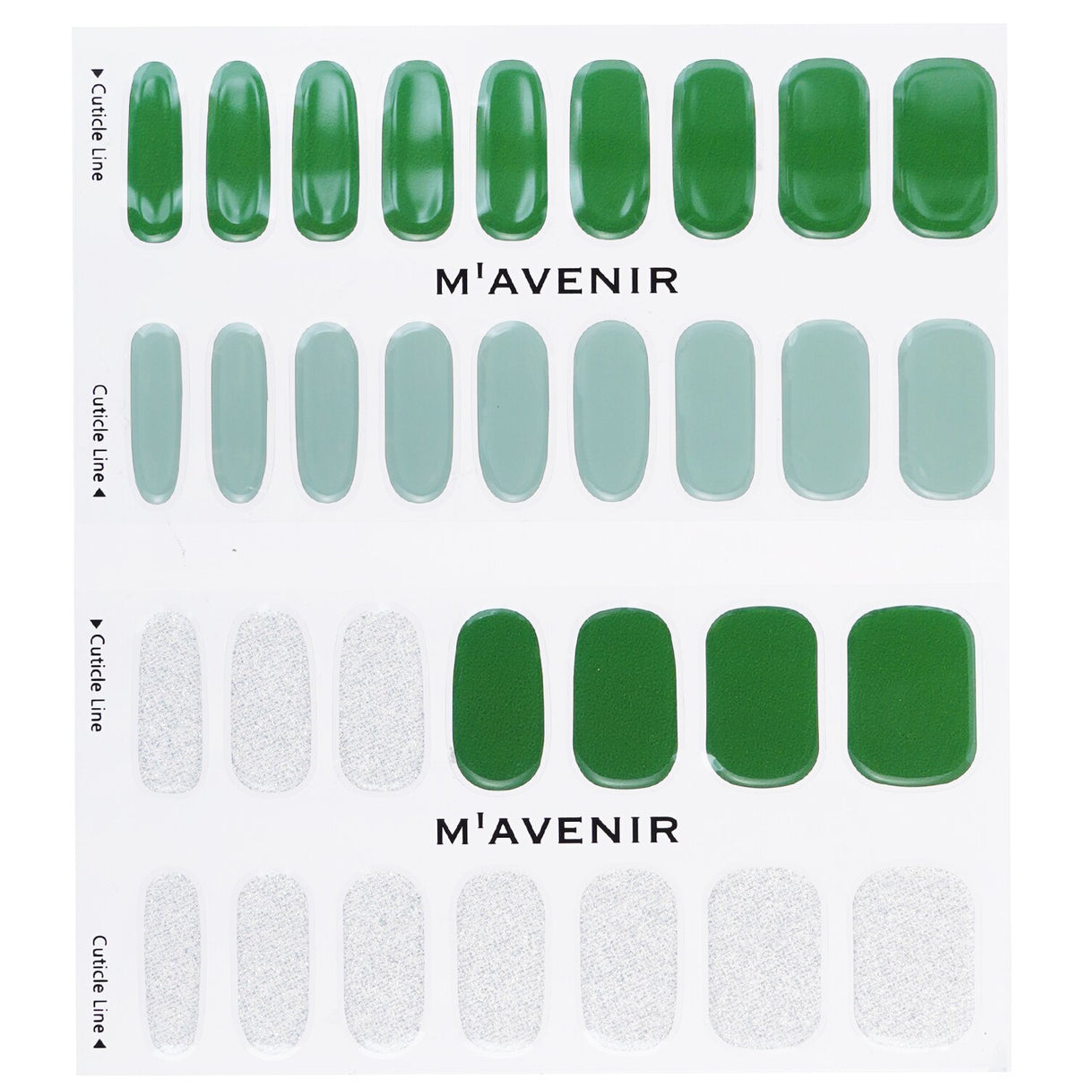 Deep green Mavenir nail stickers, 32pcs, crafted from liquid gel for flawless adherence and radiant shine. Perfect for nail art.