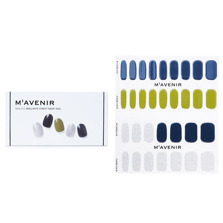 Blue Mavenir nail stickers with 32 salon-quality designs for a radiant, professional nail look at home.