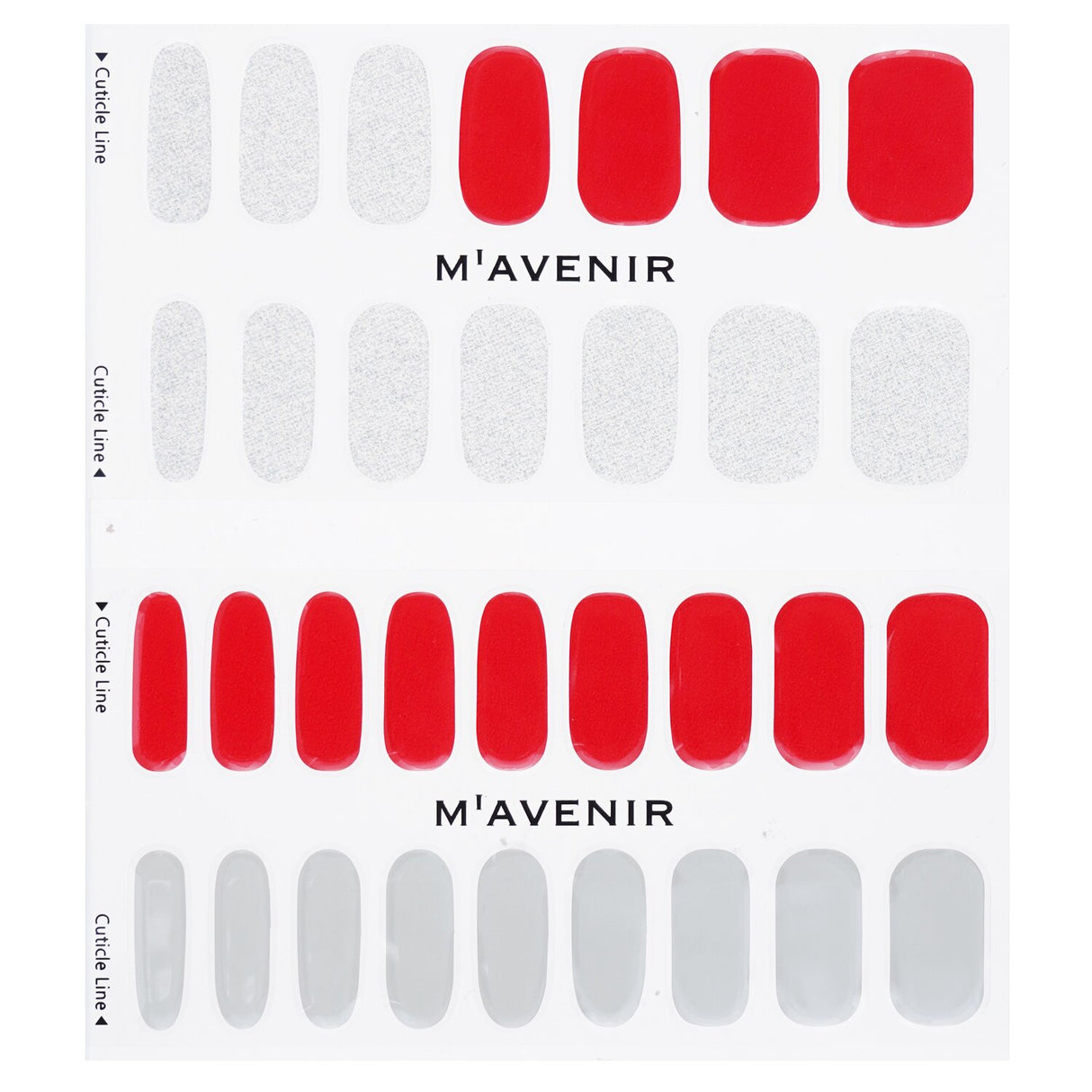 Mavenir Nail Sticker set in red, featuring 32 exquisite gel stickers for a radiant salon-quality manicure at home.