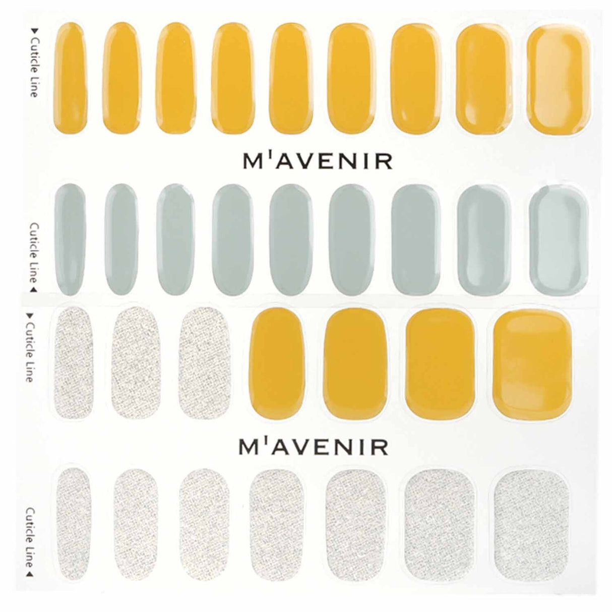 Yellow nail art stickers with vibrant designs; 32 salon-quality pieces for a radiant manicure at home.