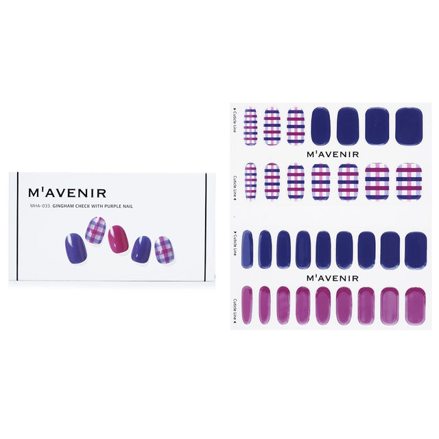 Mavenir Gingham Check Nail Stickers in purple, 32pcs, showcasing elegant patterned designs for beautiful nail art at home.