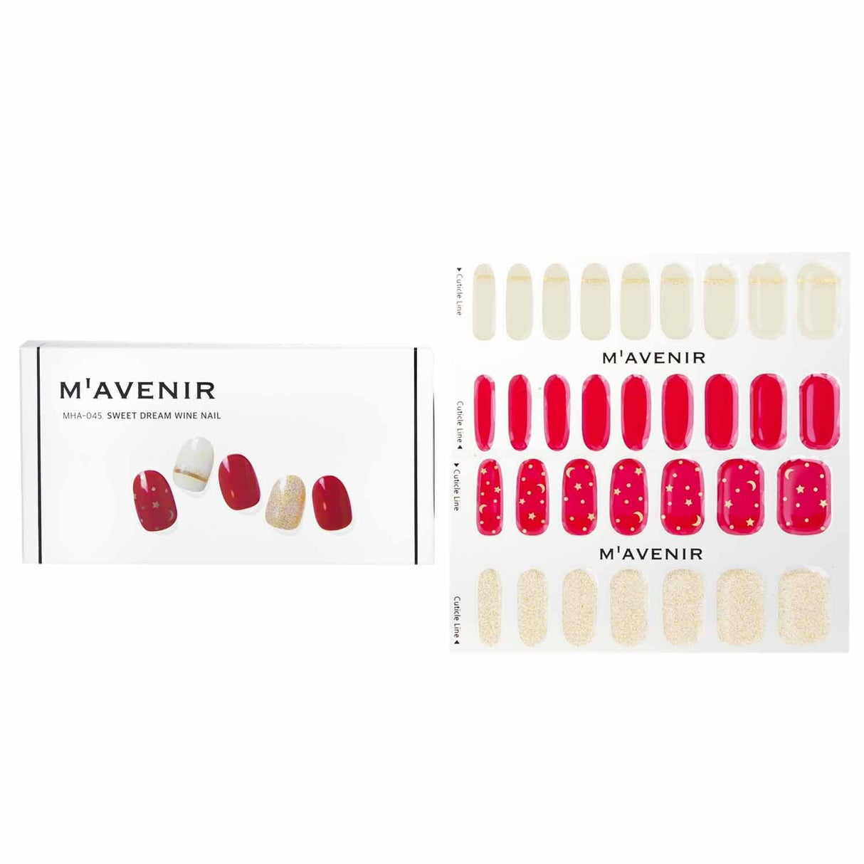 Mavenir red nail stickers in Sweet Dream Wine design, 32 salon-quality pieces with radiant luster for stunning manicures.