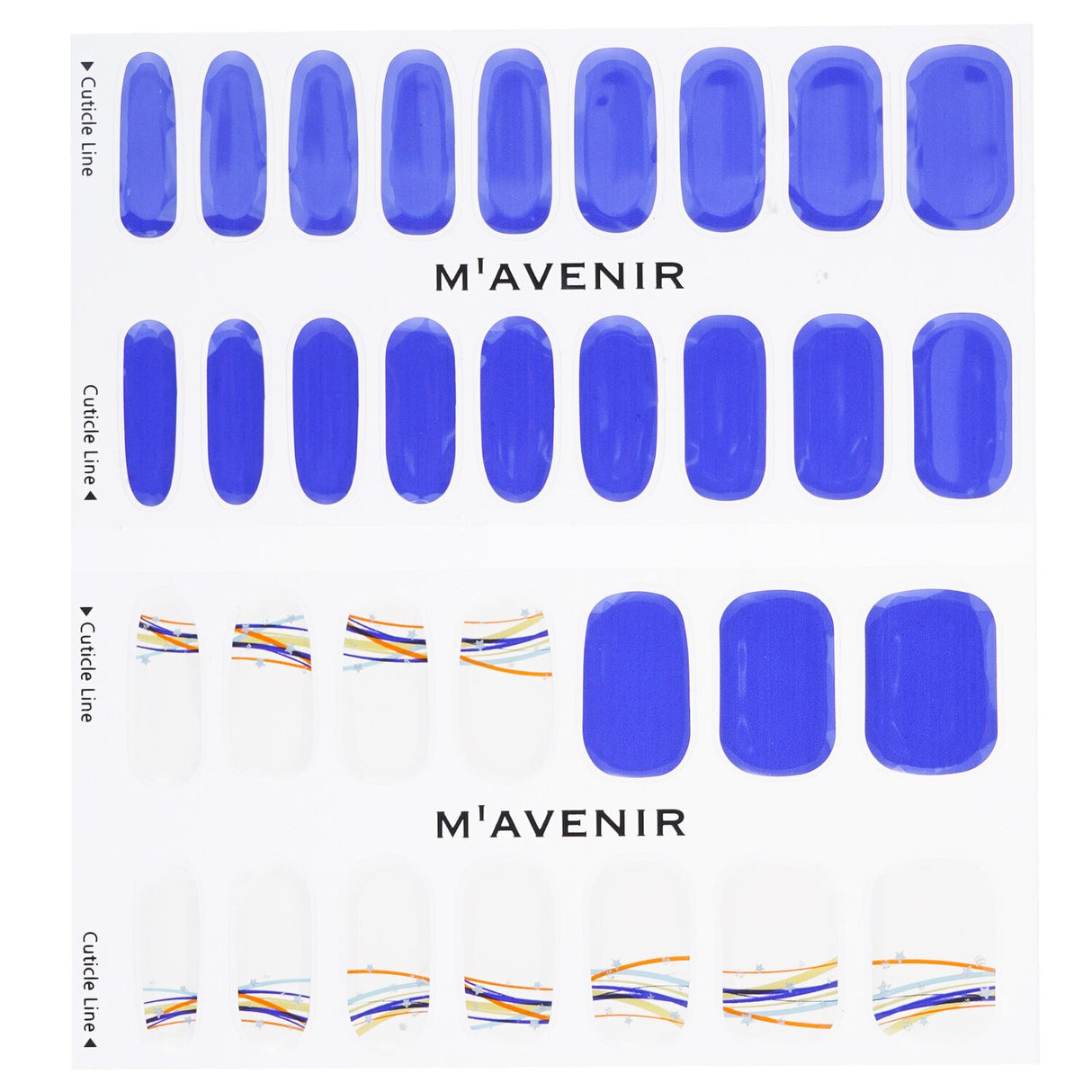 Mavenir Blue Nail Stickers (32pcs) featuring radiant designs for easy at-home nail art application. Safe and stylish.