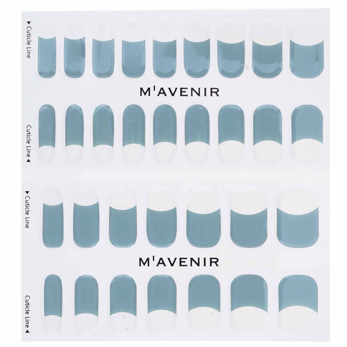 Blue Gray Deep French Nail stickers by Mavenir, 32pcs; premium gel, radiant luster, safe, beginner-friendly nail art.