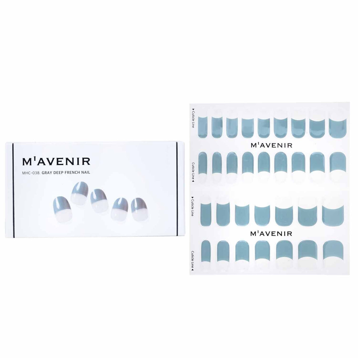 Premium blue nail stickers featuring gray deep French design; 32 pieces with radiant luster for effortless salon-like nails.