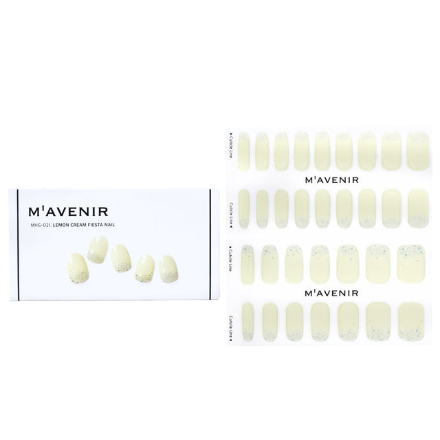 Mavenir White Nail Sticker set featuring 32 Lemon Cream Fiesta designs for salon-quality at-home manicures.