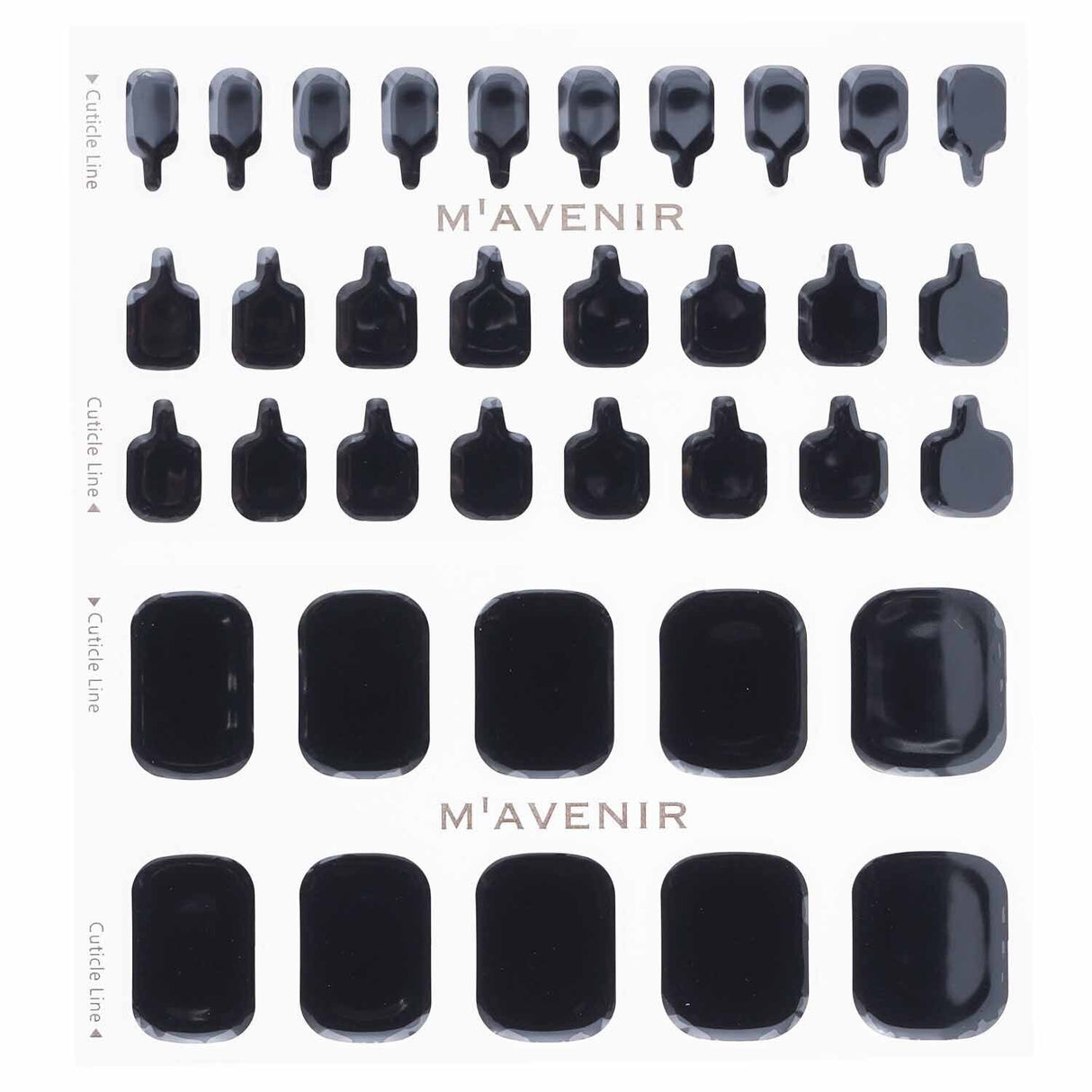 Mavenir Classic Black Pedi Nail Stickers pack of 36, featuring salon-quality gel stickers for stunning home nail art.