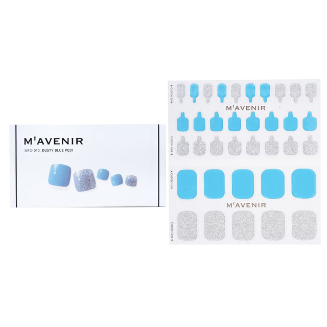 Dusty blue nail stickers in assorted designs, featuring liquid gel technology for a radiant, salon-quality finish.