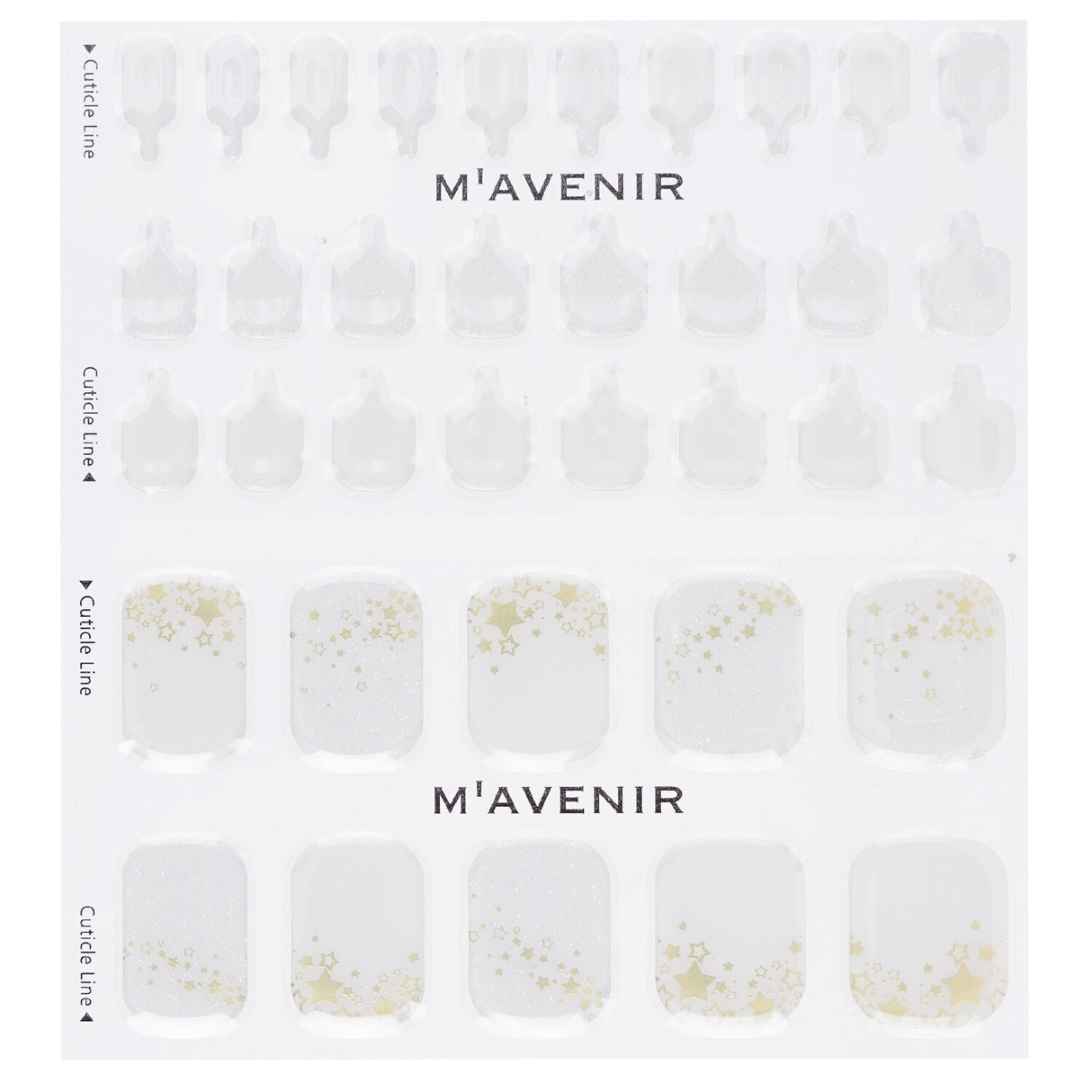 Mavenir Gold Starlight Pedi Nail Stickers in white, 36pcs, featuring radiant designs for elegant manicures and pedicures.