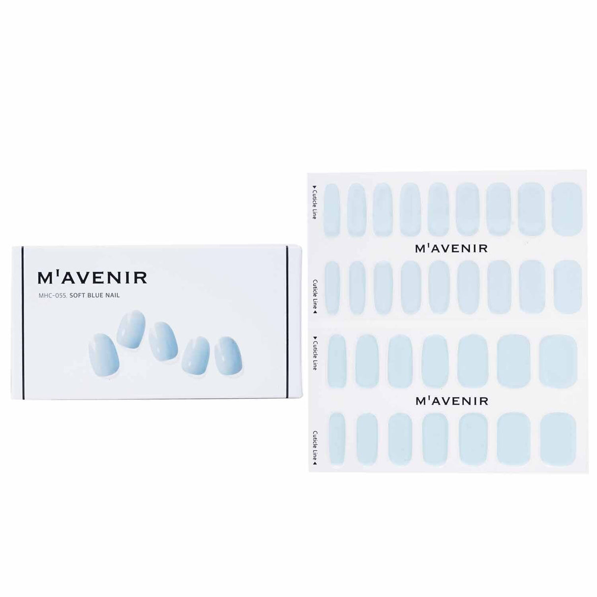 Soft blue nail stickers by Mavenir, 32 pieces that offer salon-quality designs for all nail sizes and easy home application.