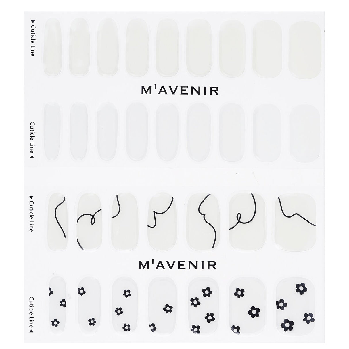 Mavenir Nail Sticker pack featuring 32 white, salon-quality designs, made from real liquid gel for a stunning, seamless look.