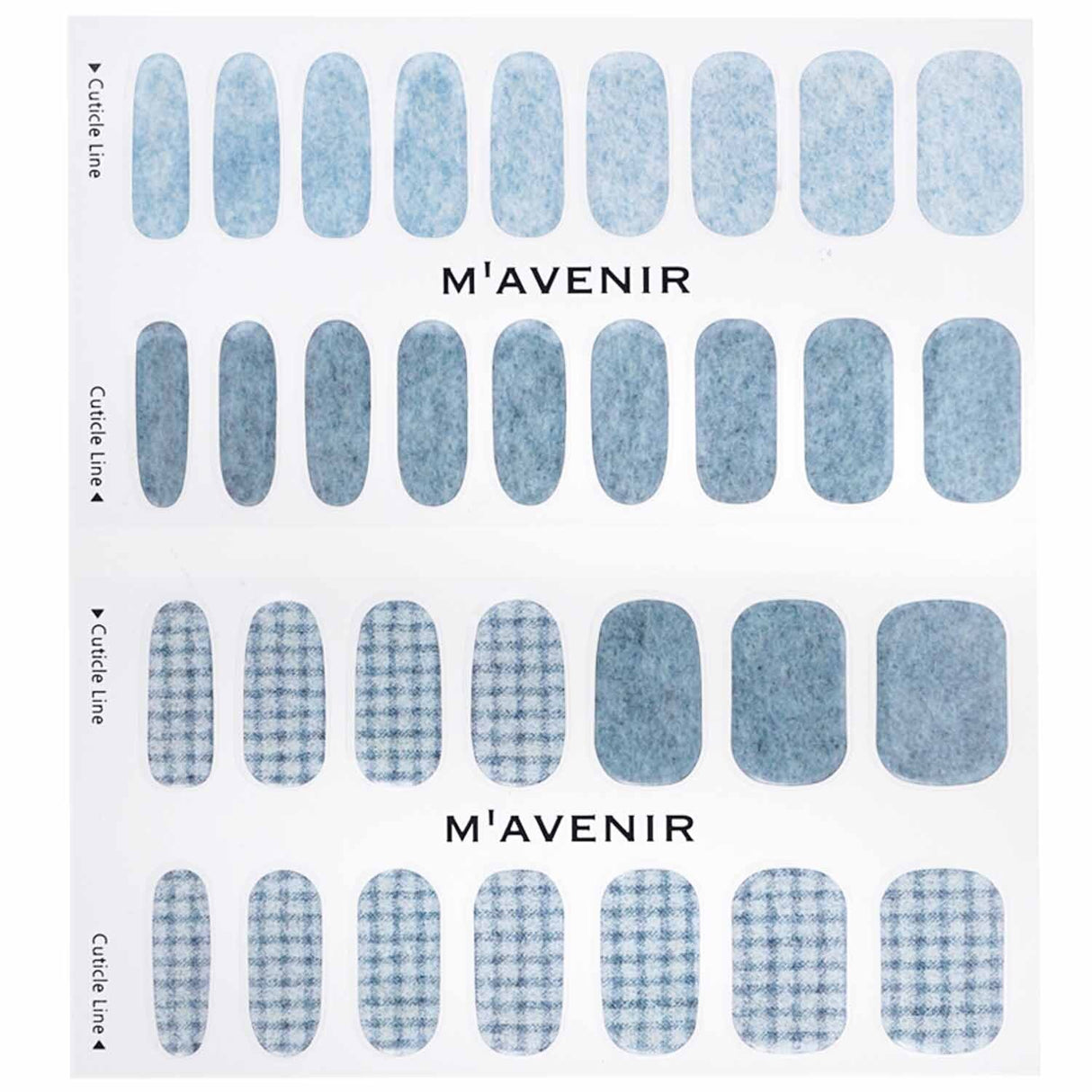 Mavenir Blue Nail Stickers: 32 salon-quality designs with liquid gel for a radiant finish and perfect fit, ideal for home use.