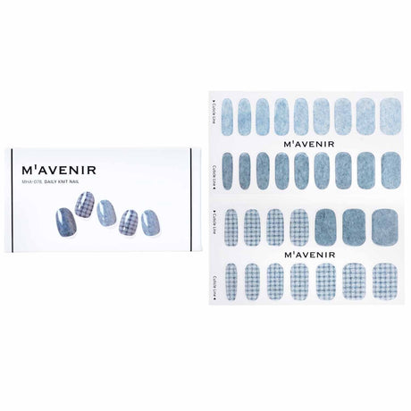 Blue nail stickers by Mavenir, featuring 32 salon-quality designs with radiant luster and robust adhesion for all nail shapes.