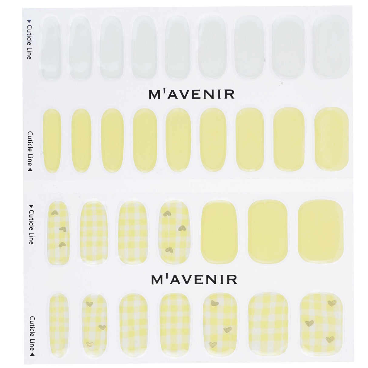 Vibrant yellow nail art stickers featuring 32 designs, crafted for flexibility and radiant luster, perfect for stunning at-home nails.