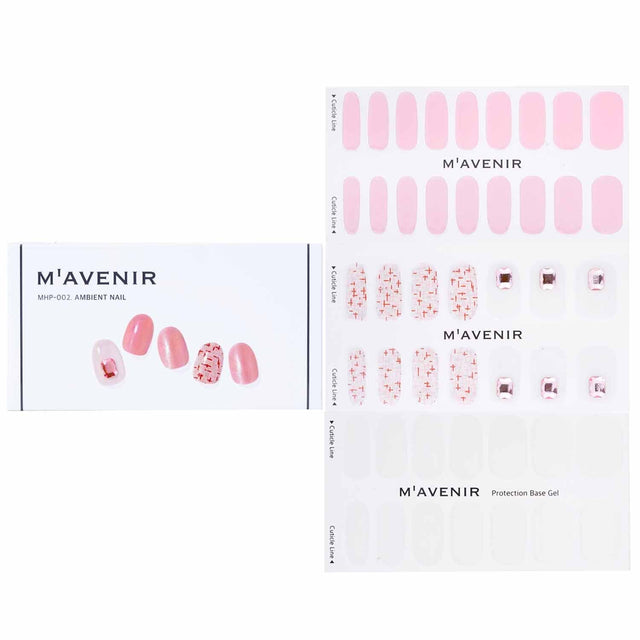 Pink nail stickers from Mavenir, 32 salon-quality designs that shine under light and fit all nail shapes perfectly.