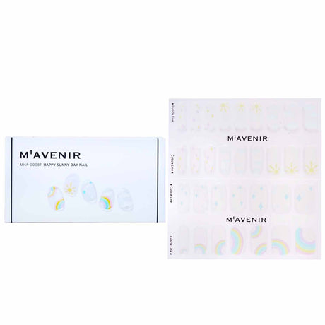 White nail art stickers by Mavenir featuring #HappySunnyDay design; 32 pieces with radiant luster and easy application for all nails.