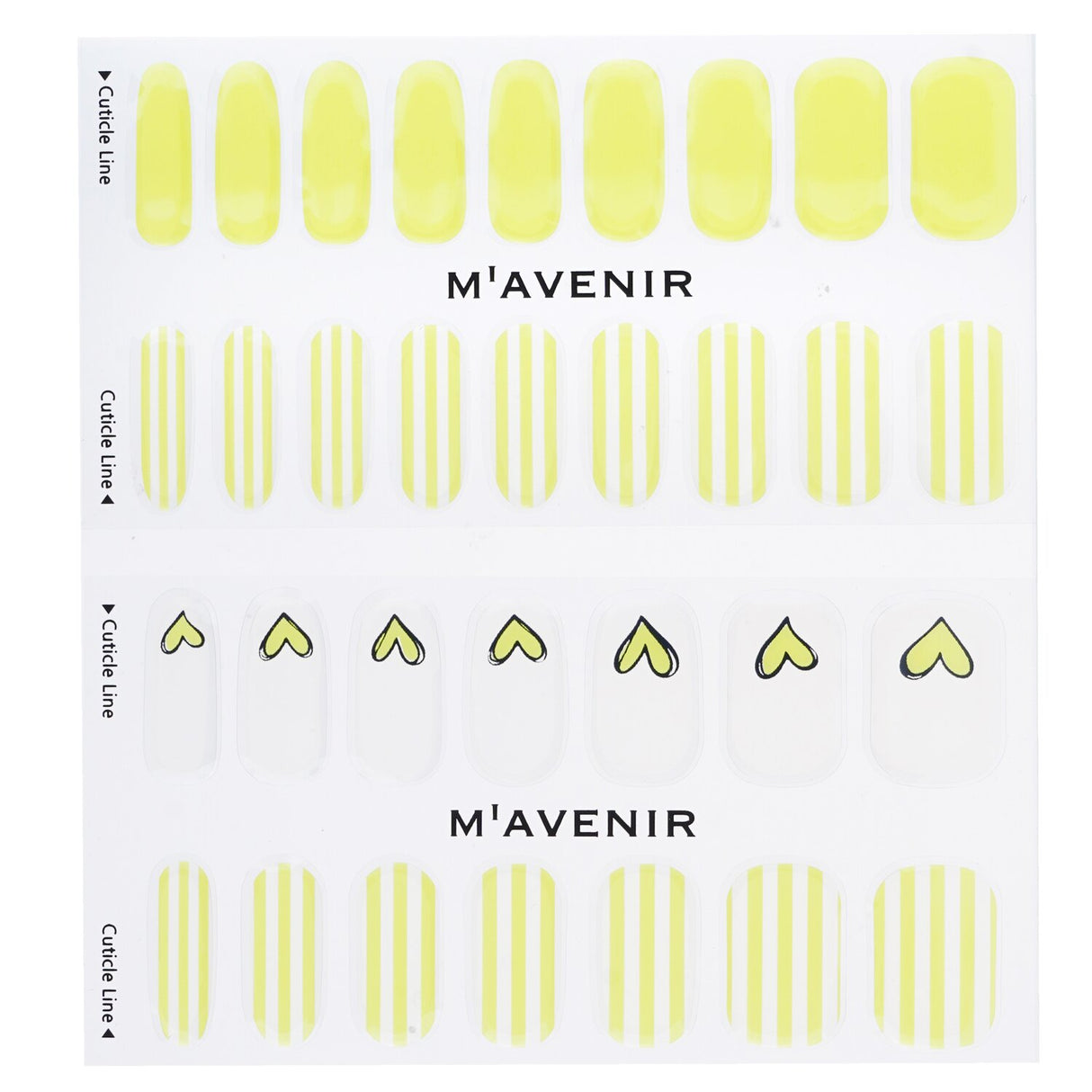 Yellow nail stickers from Mavenir featuring 32 salon-quality designs that offer radiant shine and fit all nail shapes.