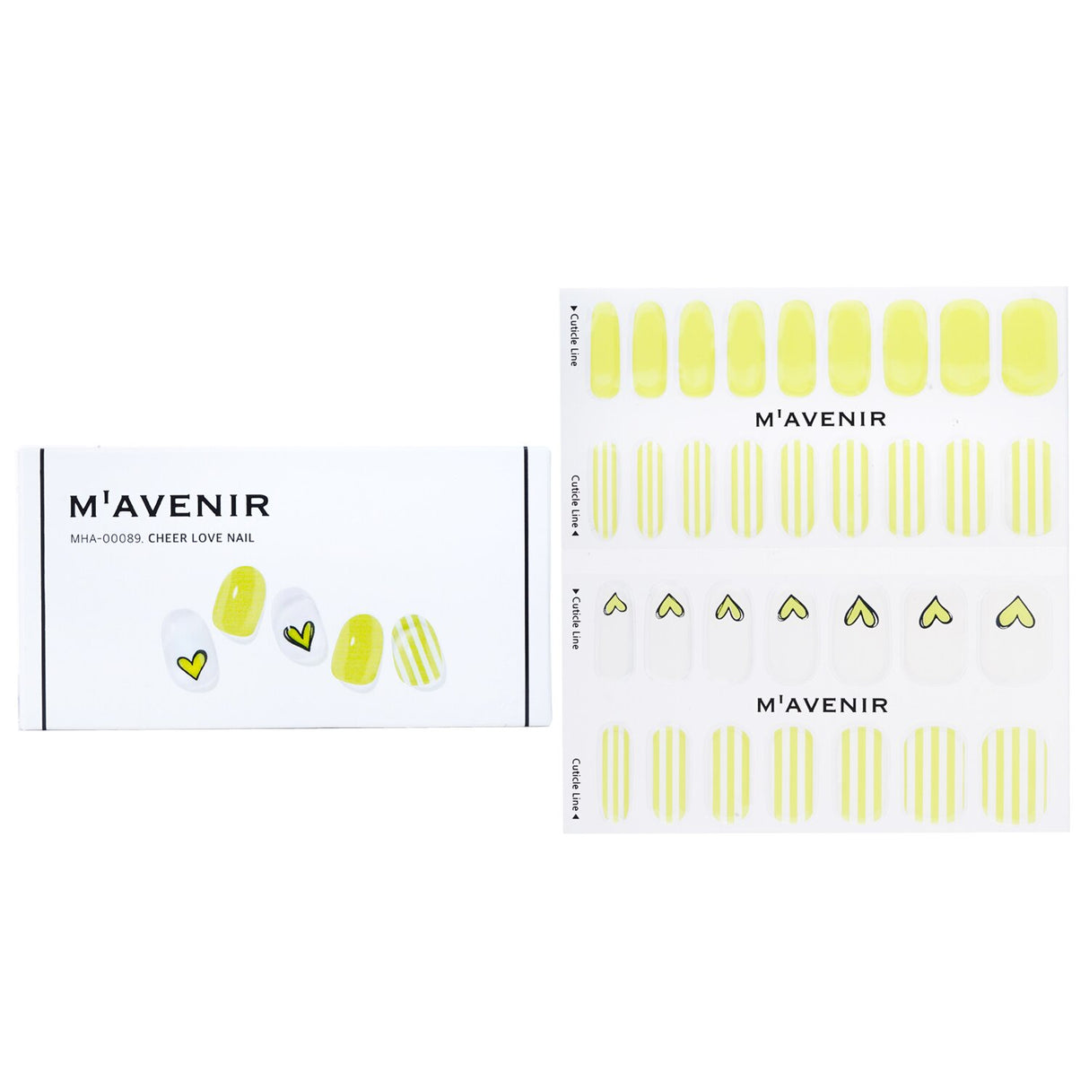 Yellow nail stickers by Mavenir featuring 32 salon-quality designs, perfect for stylish, easy manicures at home.