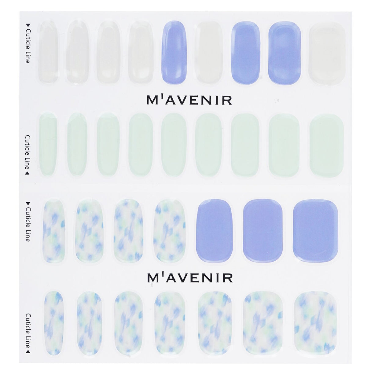 Blue leaf nail stickers by Mavenir, 32 pieces, designed for salon-quality nail art at home with flexible real gel material.