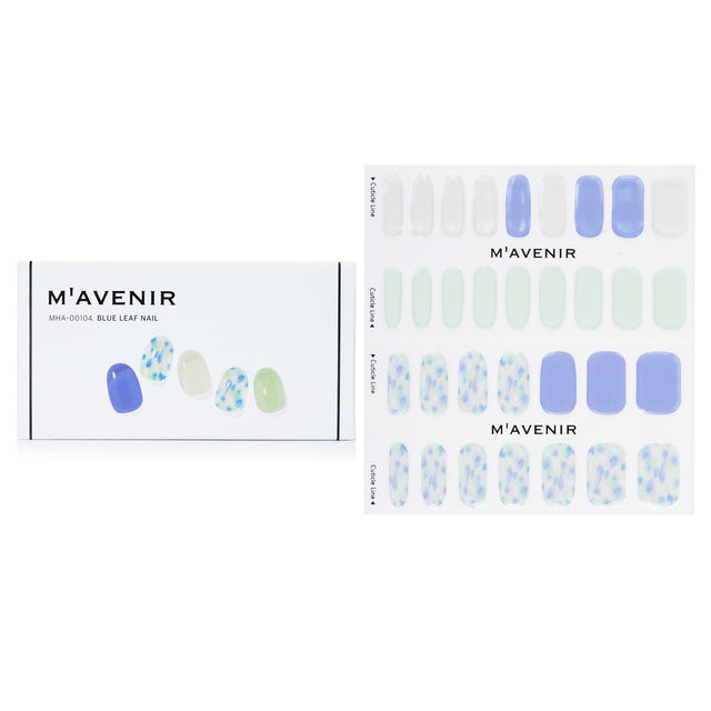 Blue leaf nail stickers in pack of 32, offering salon-quality nail art with flexible, luminous designs for all nail sizes.