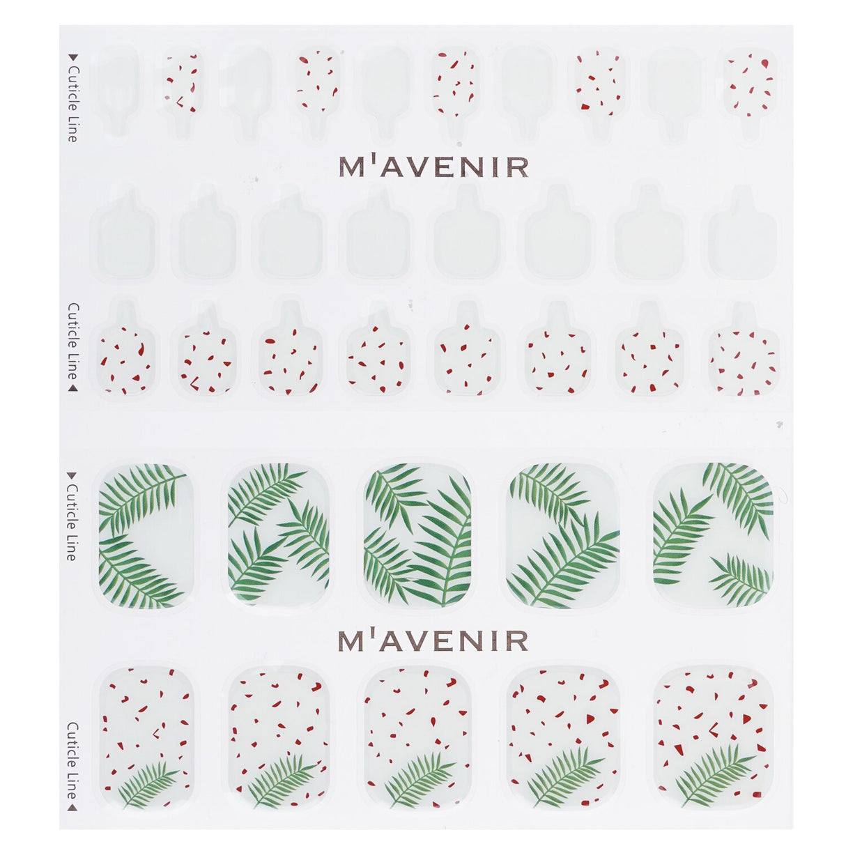 Patterned nail stickers in greenery design, 36pcs, offering salon-quality art with genuine gel, safe and animal-friendly.