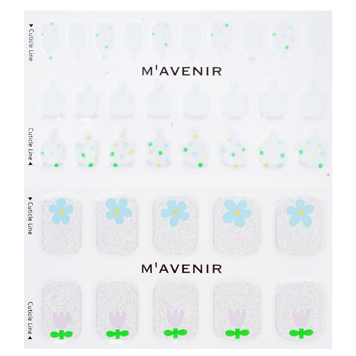 Mavenir white nail stickers featuring 36 garden-themed designs for effortless, professional-quality nail art at home.