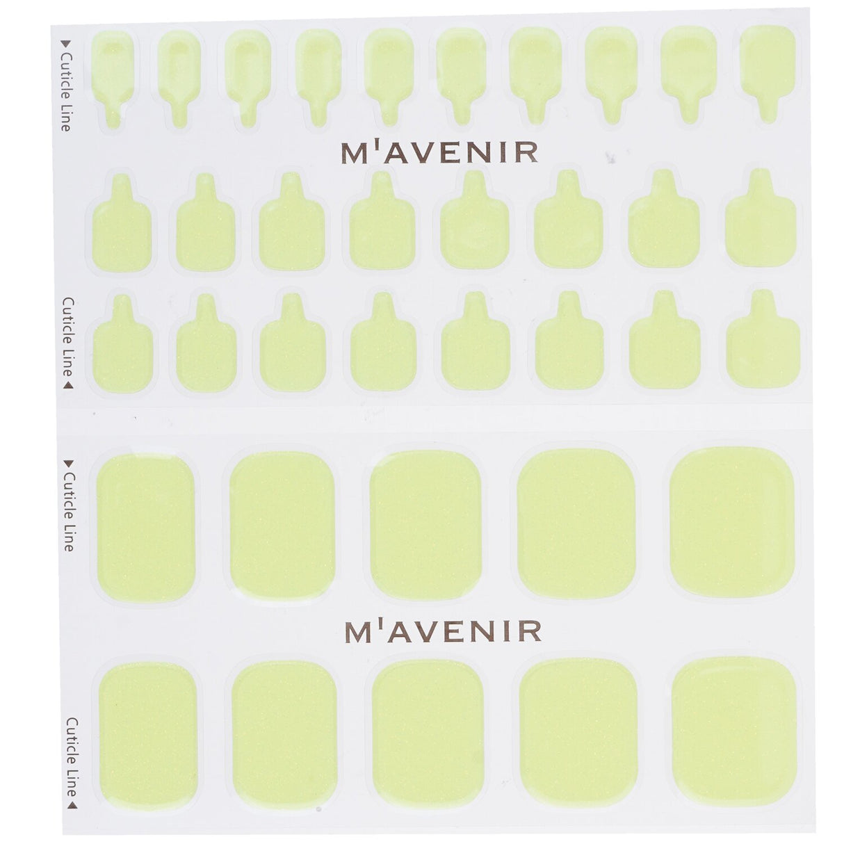 Yellow nail stickers from Mavenir's Lemon Crumble Pedi pack, featuring 36 salon-quality designs for easy at-home nail art.