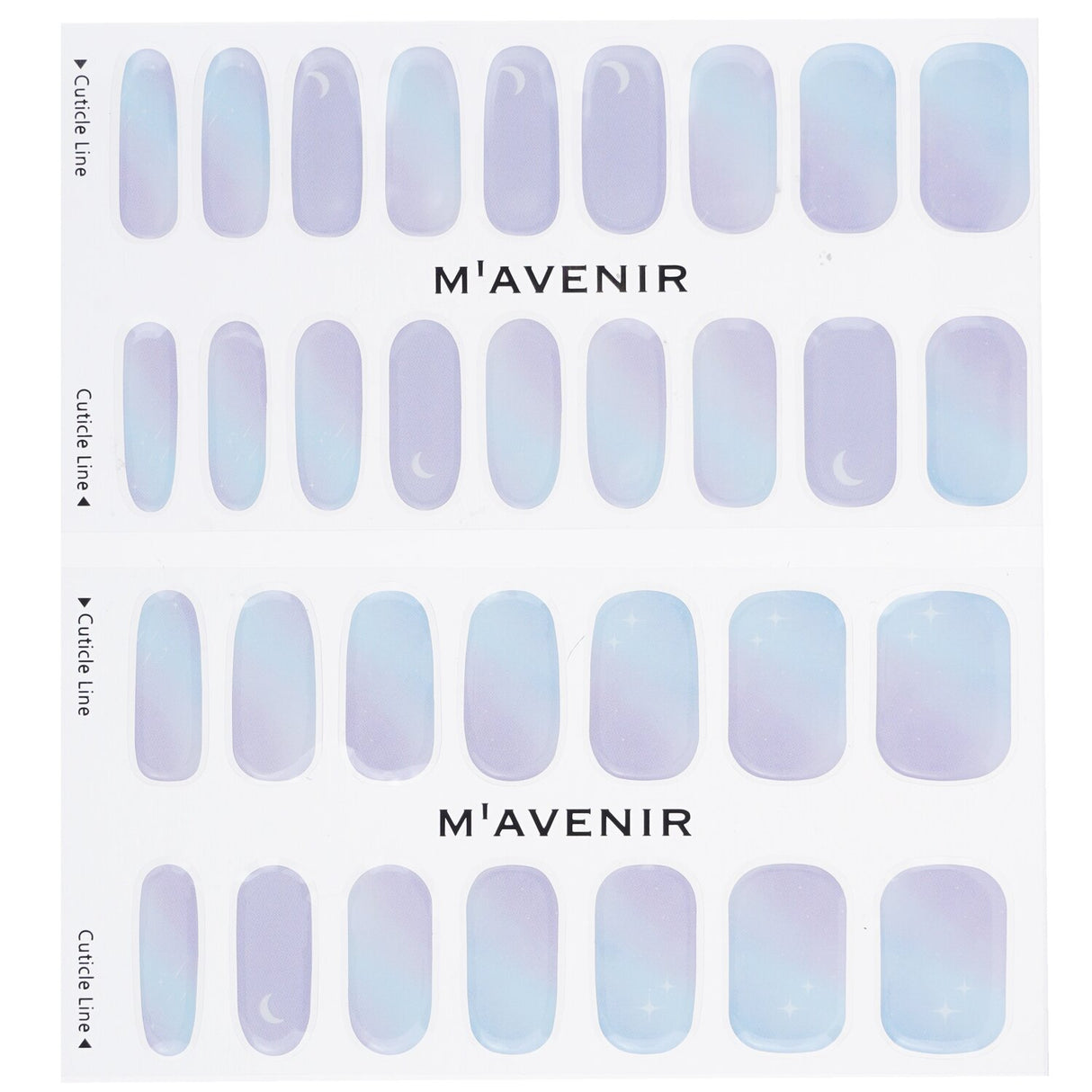 Blue nail stickers from Mavenir's #The Sky At Dawn collection, featuring 32 pieces of salon-quality, vibrant nail art.