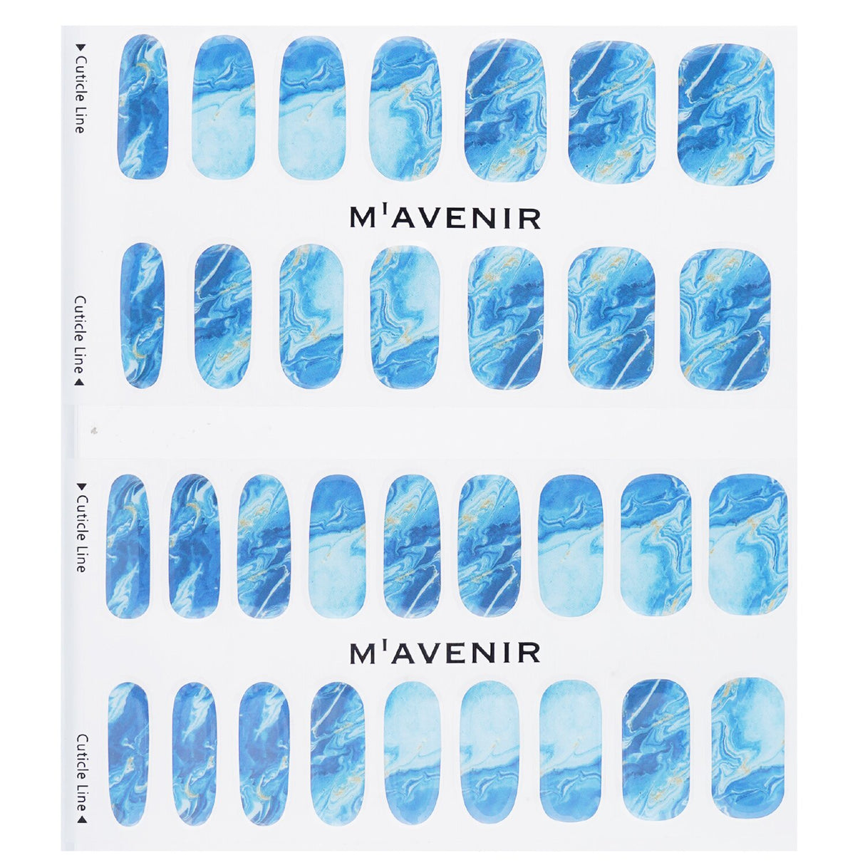 Blue nail stickers from Mavenir's A Starlit Night collection, featuring 32 salon-quality designs for effortless nail art.