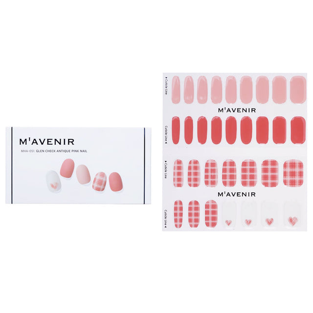 Mavenir pink nail stickers feature chic Glen Check Antique design; 32 salon-quality gel stickers for effortless nail art.